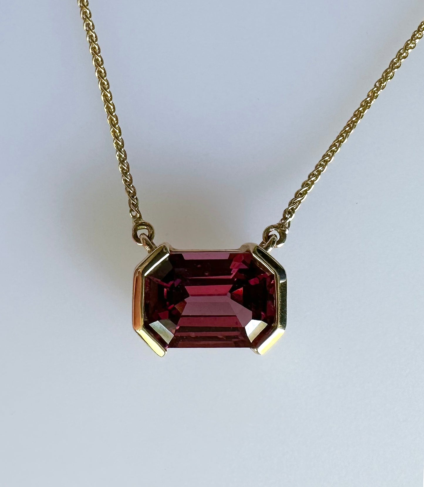 14K Yellow Gold Purple Garnet East/West Emerald Cut Necklace