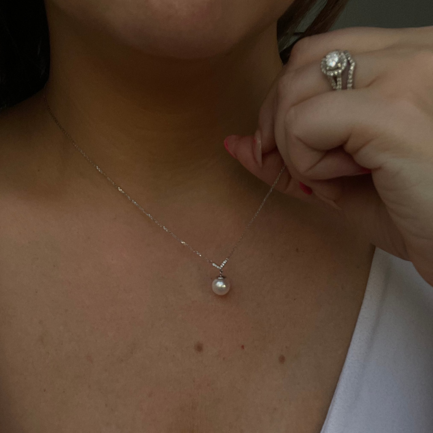 14K White Gold Akoya Pearl Diamond V Necklace