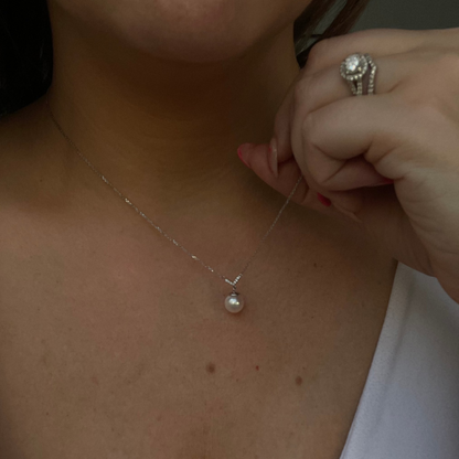 14K White Gold Akoya Pearl Diamond V Necklace