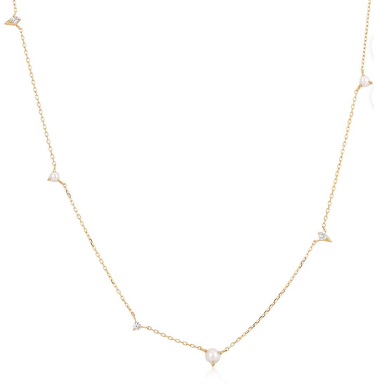 SABRINA | 14K Yellow Gold Pearl and White Sapphire Asymmetrical Station Necklace