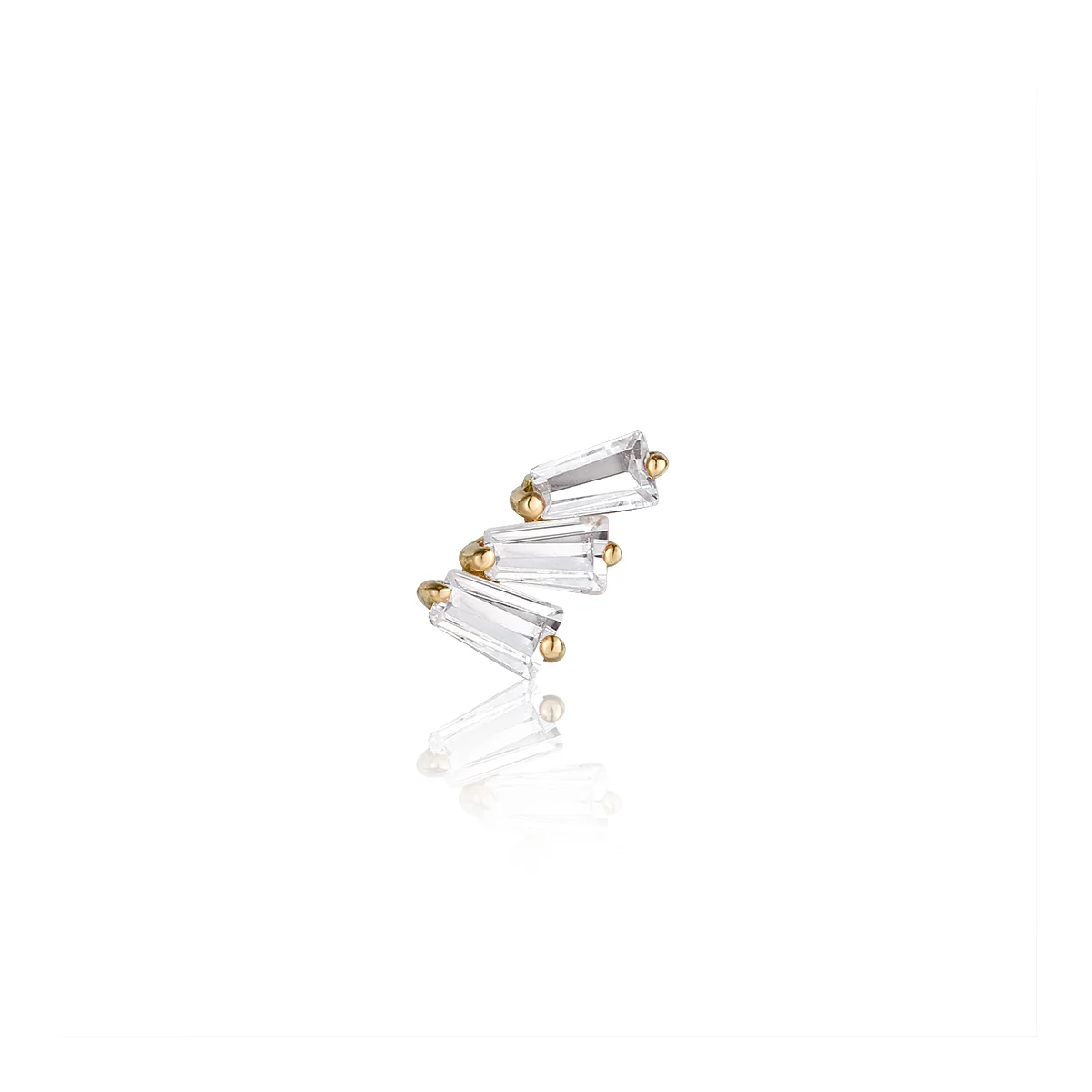 MONA | 14K Yellow Gold Baguette Trio White Sapphire Piercing Earring Front