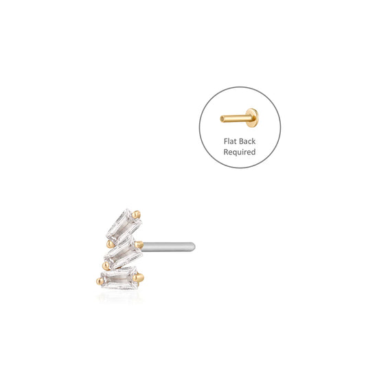 MONA | 14K Yellow Gold Baguette Trio White Sapphire Piercing Earring Front