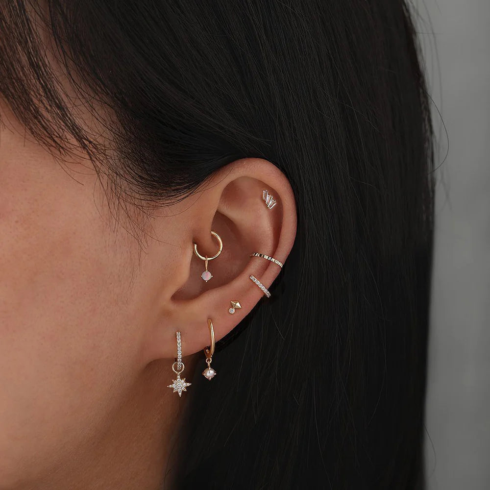 MONA | 14K Yellow Gold Baguette Trio White Sapphire Piercing Earring Front