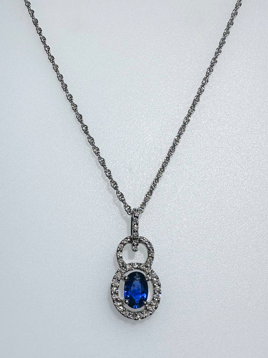 14K White Gold Blue Sapphire & Diamond Necklace