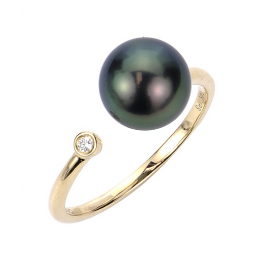14K Yellow Gold Green Tahitian Pearl Toi et Moi Ring