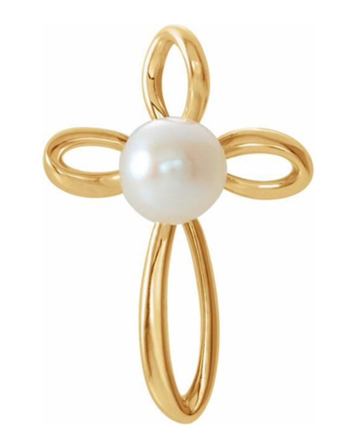 14K Yellow Gold Freshwater Pearl Cross Necklace