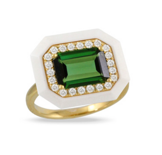 18K Yellow Gold Green Tourmaline & White Agate Ring