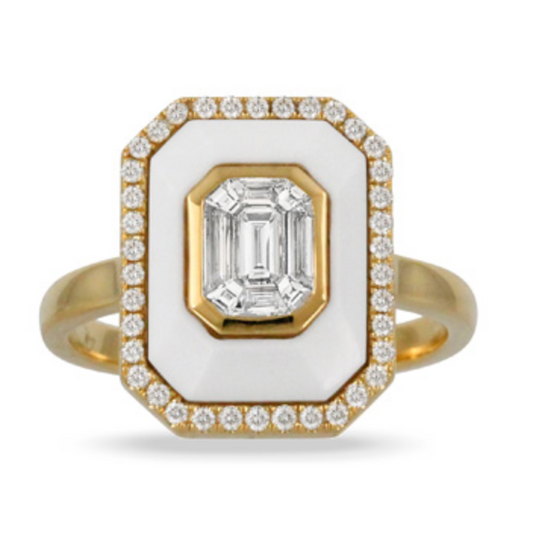 18K Yellow Gold White Agate & Diamond Ring