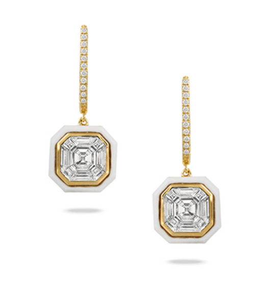 18K Yellow Gold White Agate & Diamond Earrings