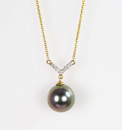 14K Yellow Gold Peacock Tahitian Pearl & Diamond Necklace