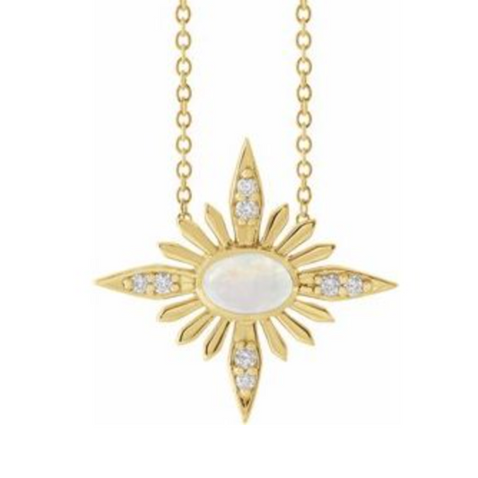 14K Yellow Gold White Ethiopian Opal & Diamond Celestial Necklace