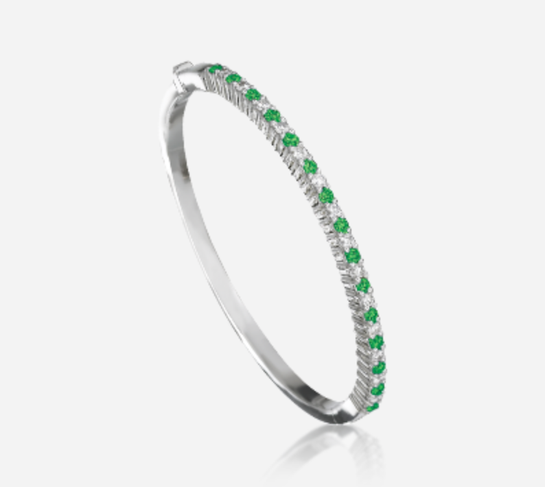 14K White Gold Emerald & Diamond Bangle Bracelet