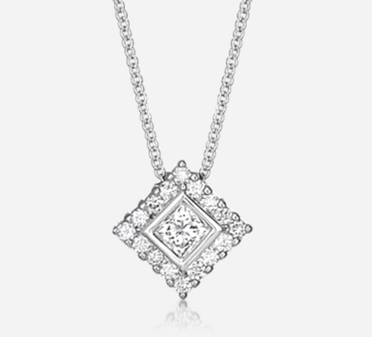 14K White Gold Princess Cut Diamond Halo Necklace