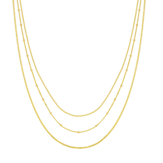 14K Yellow Gold Rolo/Saturn/Curb Triple Chain Necklace