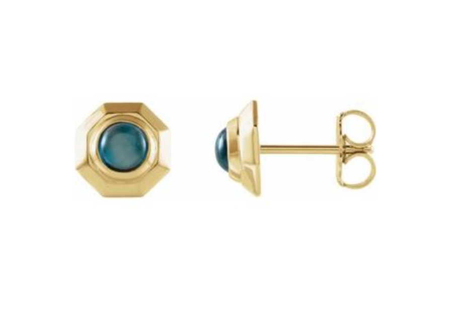 14K Yellow Natural London Blue Topaz Geometric Cabochon Earrings