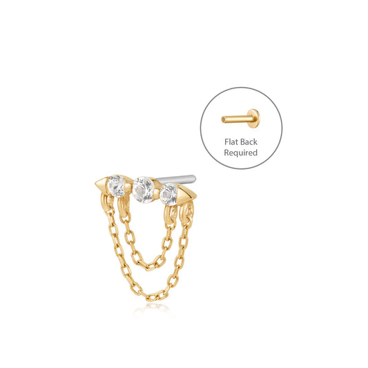 TRIBECA | 14K Yellow Gold Draped Double Chain and White Sapphire Piercing Earring Front