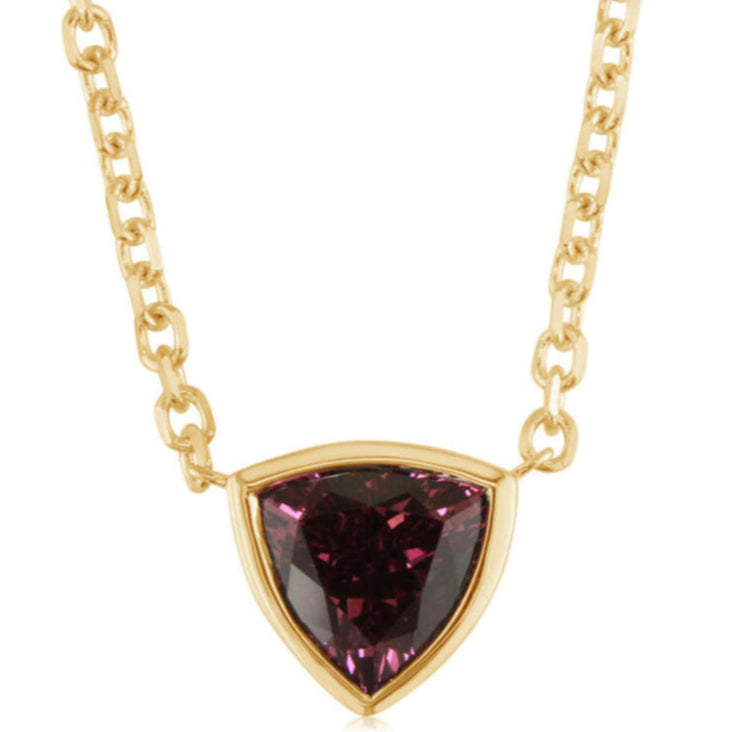 14K Yellow Gold Bezel Set Trillion Purple Garnet Necklace