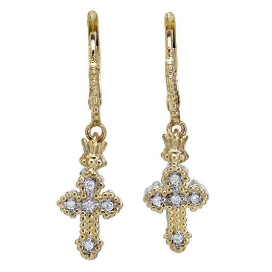 14K Yellow Gold & Sterling Silver Diamond Cross Earrings