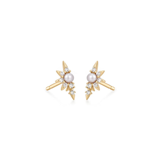 NIXIE | 14K Yellow Gold Pearl and White Sapphire Stud Earrings