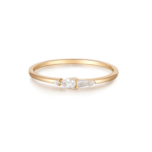 GEMMA | 14K Yellow Gold Pear, Baguette and Round White Sapphire Ring