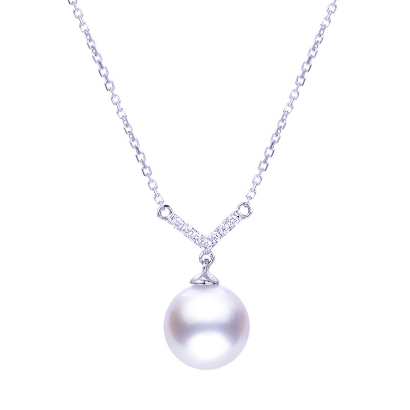 14K White Gold Akoya Pearl Diamond V Necklace