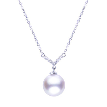 14K White Gold Akoya Pearl Diamond V Necklace