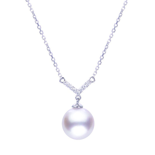 14K White Gold Akoya Pearl Diamond V Necklace