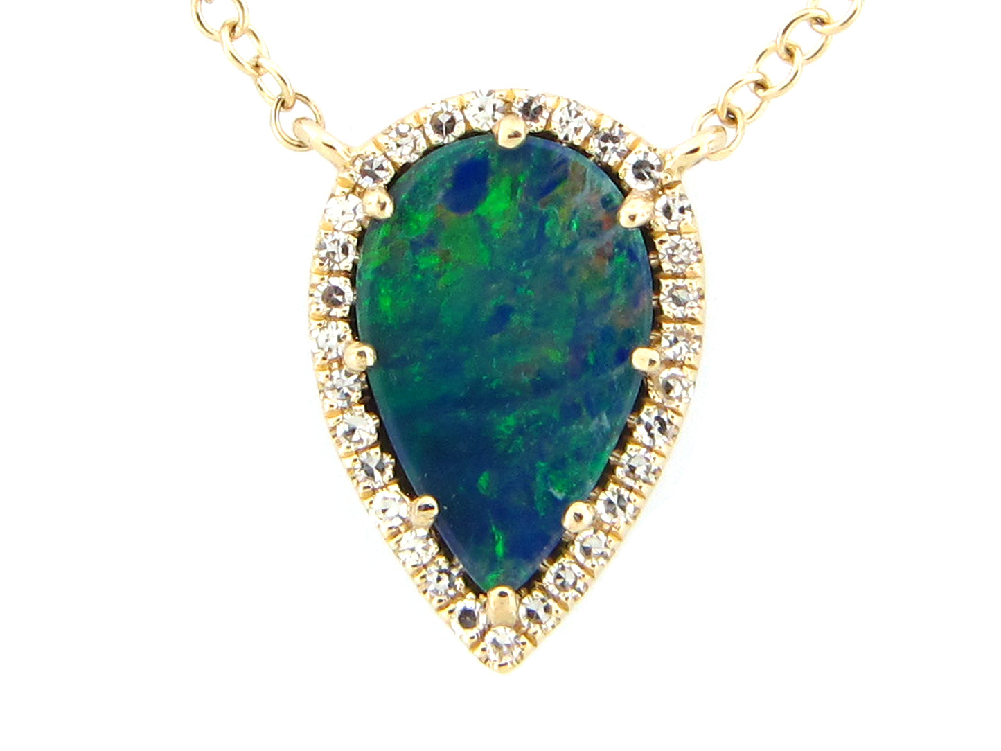 14K Yellow Gold Black Opal & Diamond Pear Necklace